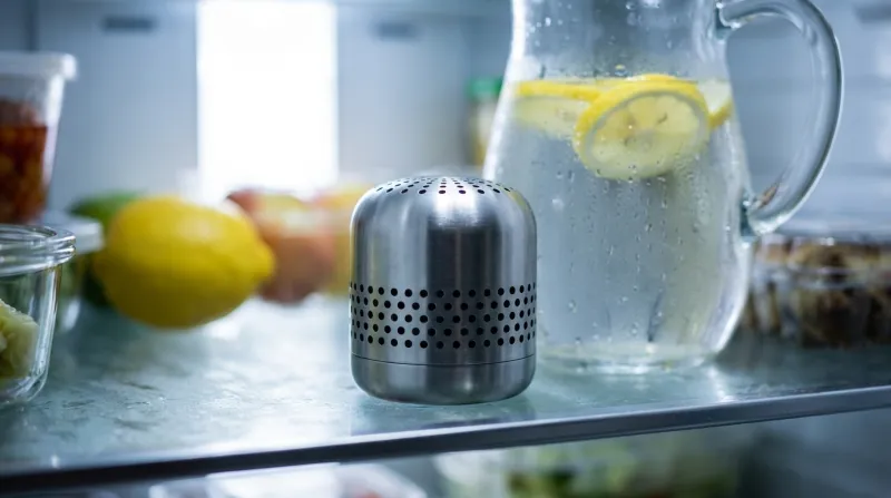 FreshCore device sitting on refrigerator shelf next to fresh food