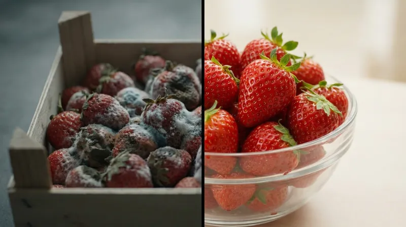 Moldy strawberries vs fresh strawberries side by side comparison