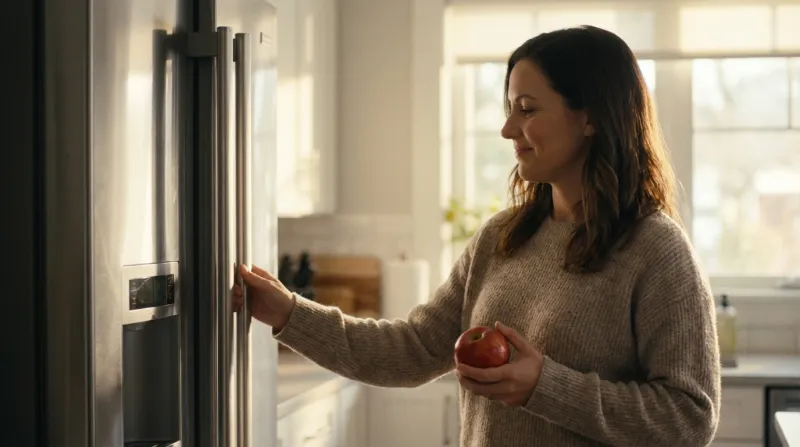 Smiling woman holding apple next to her fresh refrigerator