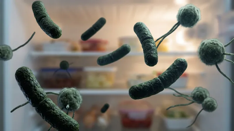 Microscopic bacteria floating invisibly through refrigerator air