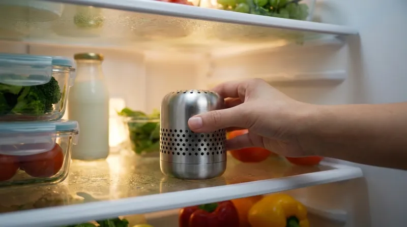 Hand placing FreshCore on refrigerator shelf
