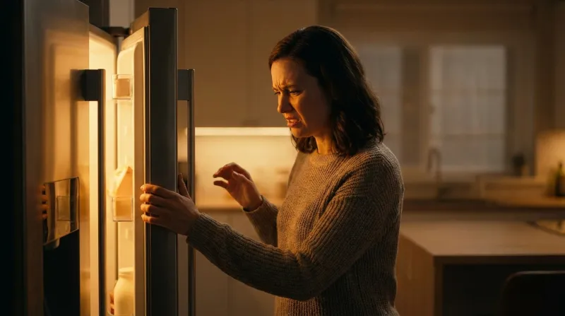 Frustrated woman staring into open refrigerator