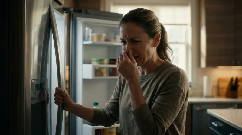 Woman holding her nose while opening refrigerator door